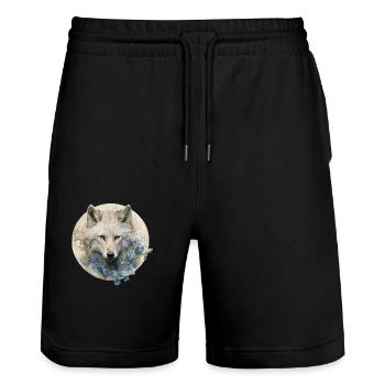 Loup blanc avec des fleurs Art déco - Short de jogging bio TRAINER Stanley/Stella unisexe - noir - Devant - Nik (191cm) & Marisol (170cm)