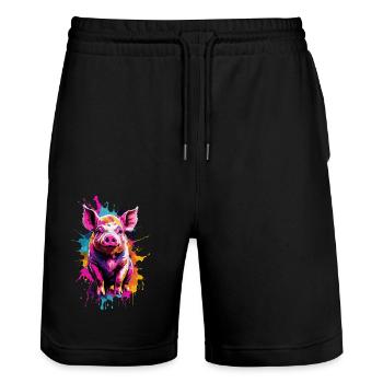 Pig Cool Pig in buntem und coolem Design - Stanley/Stella Unisex Bio Joggingshorts Trainer  - Schwarz - Vorne - Nik (191cm) & Marisol (170cm)