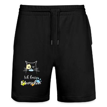 Ich hasse Menschen! Katze, Miesepeter - Stanley/Stella Unisex Bio Joggingshorts Trainer  - Schwarz - Vorne - Nik (191cm) & Marisol (170cm)