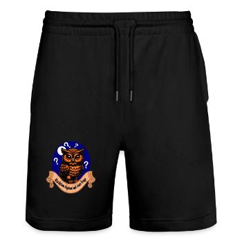 Fragensteller T-shirt mit Eulen Motiv - Stanley/Stella Unisex Bio Joggingshorts Trainer  - Schwarz - Vorne - Nik (191cm) & Marisol (170cm)