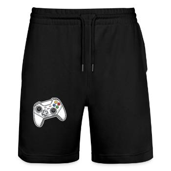 Retro controller illustration - Stanley/Stella Trainer Unisex Organic Jogging Shorts - black - Front - Nik (191cm) & Marisol (170cm)