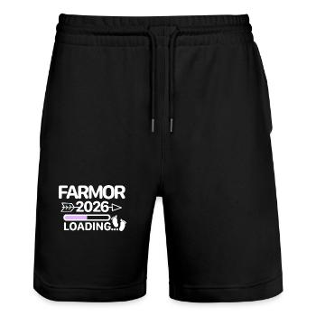 Farmor 2026 Swedish pink - Stanley/Stella Trainer Unisex Organic Jogging Shorts - black - Front - Nik (191cm) & Marisol (170cm)