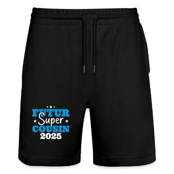 Futur super cousin 2025 cadeau humour anniversaire - Short de jogging bio TRAINER Stanley/Stella unisexe - noir - Devant - Nik (191cm) & Marisol (170cm)