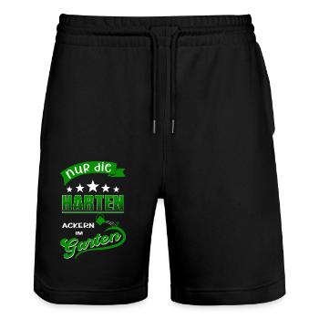 Nur die Harten ackern im Garten - Gärtnerspruch - Stanley/Stella Unisex Bio Joggingshorts Trainer  - Schwarz - Vorne - Nik (191cm) & Marisol (170cm)