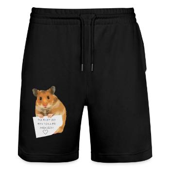 Hamster Zettel Botschaft - Toller Mensch bist - Stanley/Stella Unisex Bio Joggingshorts Trainer  - Schwarz - Vorne - Nik (191cm) & Marisol (170cm)