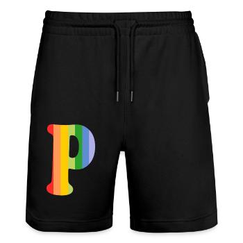 Buchstabe P Regenbogen - Stanley/Stella Unisex Bio Joggingshorts Trainer  - Schwarz - Vorne - Nik (191cm) & Marisol (170cm)