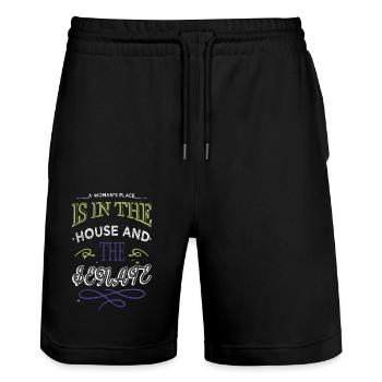 Funny Woodworking DadDesign Happy Fun Mason - Stanley/Stella Trainer Unisex Organic Jogging Shorts - black - Front - Nik (191cm) & Marisol (170cm)