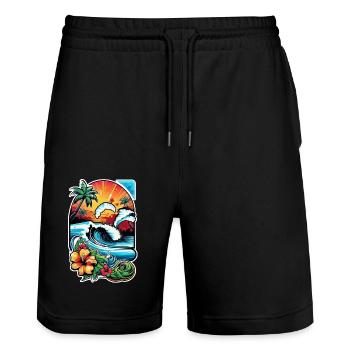 Surfen Strand Palme Sonnenschein Urlaub - Stanley/Stella Unisex Bio Joggingshorts Trainer  - Schwarz - Vorne - Nik (191cm) & Marisol (170cm)