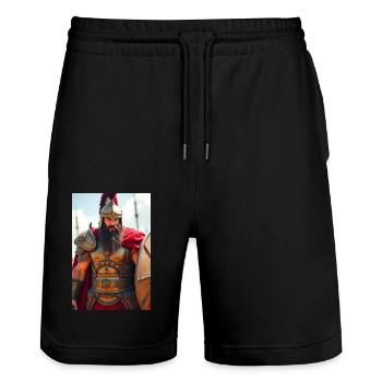 Ares, armored war god with crimson cape - Stanley/Stella Trainer Unisex Organic Jogging Shorts - black - Front - Nik (191cm) & Marisol (170cm)