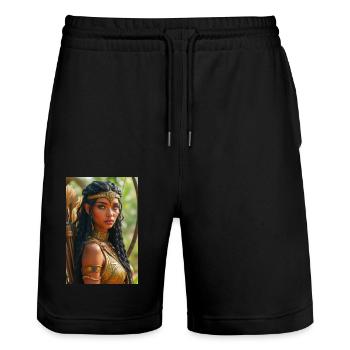 Neith, gepanzerte Kriegergöttin, hält einen Bogen in der Hand - Stanley/Stella Unisex Bio Joggingshorts Trainer  - Schwarz - Vorne - Nik (191cm) & Marisol (170cm)