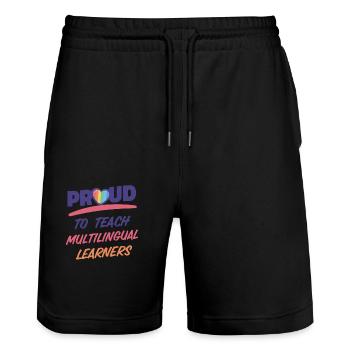 Proud to teach multilingual learners Mehrsprachig - Stanley/Stella Trainer Unisex Organic Jogging Shorts - black - Front - Nik (191cm) & Marisol (170cm)