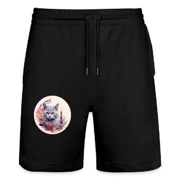 Britisch Kurzhaar Katze Boho Element, Katzen - Stanley/Stella Unisex Bio Joggingshorts Trainer  - Schwarz - Vorne - Nik (191cm) & Marisol (170cm)