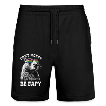 Capybara - Don't worry, be capy - Rainbow - Stanley/Stella Unisex Bio Joggingshorts Trainer  - Schwarz - Vorne - Nik (191cm) & Marisol (170cm)