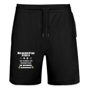 Wir machen Dinge im Labor Lustiger Spruch - Stanley/Stella Unisex Bio Joggingshorts Trainer  - Schwarz - Vorne - Nik (191cm) & Marisol (170cm)