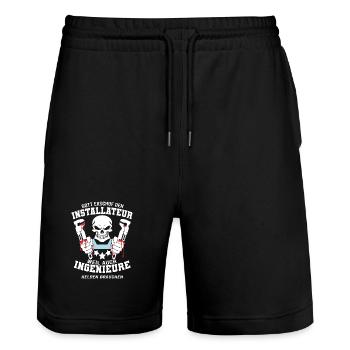 Installer Shirt God created the installer - Stanley/Stella Trainer Unisex Organic Jogging Shorts - black - Front - Nik (191cm) & Marisol (170cm)
