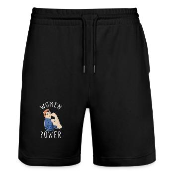 Frauenpower im Rosie Riveter Stil - Stanley/Stella Unisex Bio Joggingshorts Trainer  - Schwarz - Vorne - Nik (191cm) & Marisol (170cm)