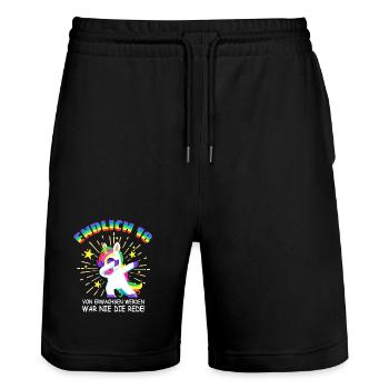 Endlich 18. Geburtstag Einhorn 18 Jahre Geschenk - Stanley/Stella Unisex Bio Joggingshorts Trainer  - Schwarz - Vorne - Nik (191cm) & Marisol (170cm)
