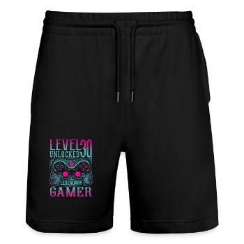 30. Geburtstag Level 30 Gamer Gaming Zocken - Stanley/Stella Unisex Bio Joggingshorts Trainer  - Schwarz - Vorne - Nik (191cm) & Marisol (170cm)
