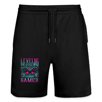 16th Birthday Level 16 Gamer Gaming Gaming - Stanley/Stella Trainer Unisex Organic Jogging Shorts - black - Front - Nik (191cm) & Marisol (170cm)