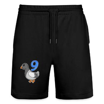 9 ans - 9ème anniversaire - motif oiseau pigeon - Short de jogging bio TRAINER Stanley/Stella unisexe - noir - Devant - Nik (191cm) & Marisol (170cm)