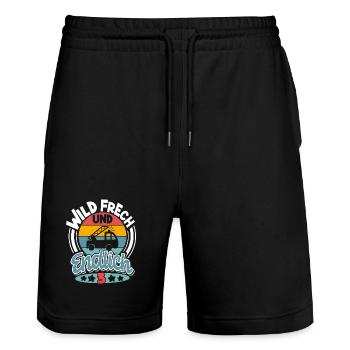 Feuerwehr 3. Geburtstag Kinder - Stanley/Stella Unisex Bio Joggingshorts Trainer  - Schwarz - Vorne - Nik (191cm) & Marisol (170cm)