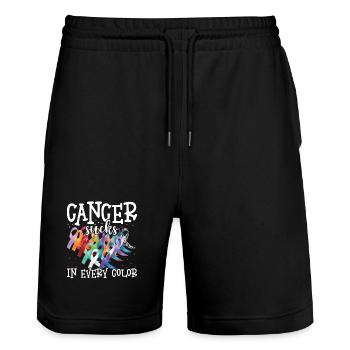 Sensibilisation au cancer Le cancer aspire toutes les couleurs - Short de jogging bio TRAINER Stanley/Stella unisexe - noir - Devant - Nik (191cm) & Marisol (170cm)