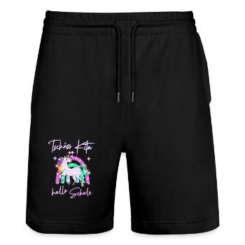 Tschüss Kita! hallo Schule Einhorn - Stanley/Stella Unisex Bio Joggingshorts Trainer  - Schwarz - Vorne - Nik (191cm) & Marisol (170cm)
