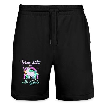 Tschüss Kita! hallo Schule Regenbogen Einhorn - Stanley/Stella Unisex Bio Joggingshorts Trainer  - Schwarz - Vorne - Nik (191cm) & Marisol (170cm)