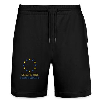 UKRAINE FREE EUROPEAN - Soutenez l'Europe du futur - Short de jogging bio TRAINER Stanley/Stella unisexe - noir - Devant - Nik (191cm) & Marisol (170cm)