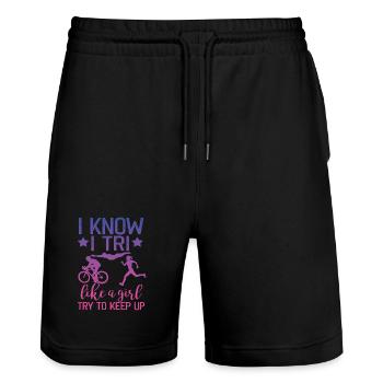 I Know I Tri Like A Girl Triathlon - Stanley/Stella Unisex Bio Joggingshorts Trainer  - Schwarz - Vorne - Nik (191cm) & Marisol (170cm)