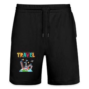 Voyage - Idée cadeau pour les amoureux des voyages - Short de jogging bio TRAINER Stanley/Stella unisexe - noir - Devant - Nik (191cm) & Marisol (170cm)