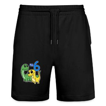 6 Jahre alt - 6. Geburtstag mit Tier Motiv - Dino - Stanley/Stella Unisex Bio Joggingshorts Trainer  - Schwarz - Vorne - Nik (191cm) & Marisol (170cm)