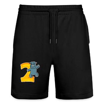 2 ans - 2ème anniversaire avec motif animal - Short de jogging bio TRAINER Stanley/Stella unisexe - noir - Devant - Nik (191cm) & Marisol (170cm)