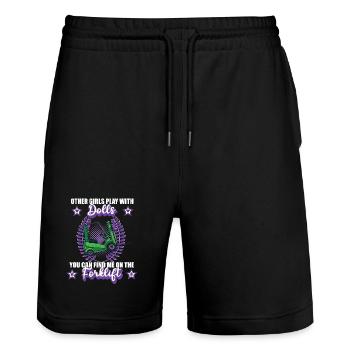 Gabelstapler Lageristin Forklift Logistik Beruf  - Stanley/Stella Unisex Bio Joggingshorts Trainer  - Schwarz - Vorne - Nik (191cm) & Marisol (170cm)