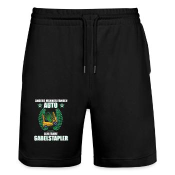 Gabelstapler Staplerfahrer Logistik Lager Beruf  - Stanley/Stella Unisex Bio Joggingshorts Trainer  - Schwarz - Vorne - Nik (191cm) & Marisol (170cm)