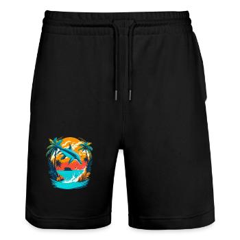Dolphin with Tropical Sunset - Stanley/Stella Trainer Unisex Organic Jogging Shorts - black - Front - Nik (191cm) & Marisol (170cm)