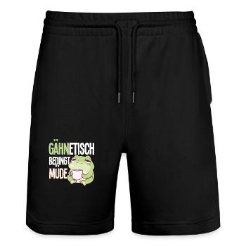 Gähntechnisch Bedingt Müde Frosch Morgenmuffel - Stanley/Stella Unisex Bio Joggingshorts Trainer  - Schwarz - Vorne - Nik (191cm) & Marisol (170cm)