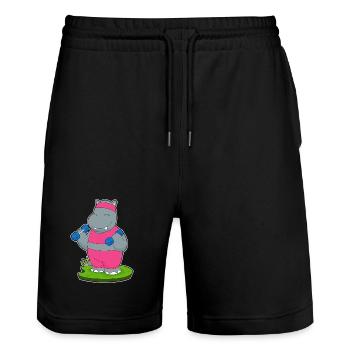 Nilpferd Bodybuilder Hanteln Bodybuilding - Stanley/Stella Unisex Bio Joggingshorts Trainer  - Schwarz - Vorne - Nik (191cm) & Marisol (170cm)
