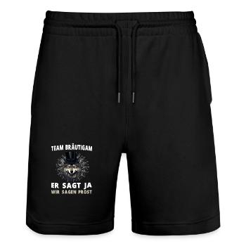 Wolf Junggesellenabschied Bräutigam Hochzeit - Stanley/Stella Unisex Bio Joggingshorts Trainer  - Schwarz - Vorne - Nik (191cm) & Marisol (170cm)