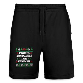 FROHE ARSCHNACHTEN IHR WEINLÖCHER - Stanley/Stella Unisex Bio Joggingshorts Trainer  - Schwarz - Vorne - Nik (191cm) & Marisol (170cm)