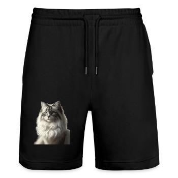 Fluffy Cat Face Portrait - Stanley/Stella Trainer Unisex Organic Jogging Shorts - black - Front - Nik (191cm) & Marisol (170cm)