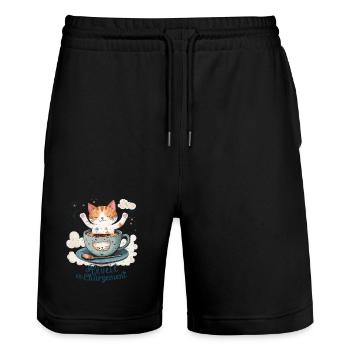 Wecker aufladen, Katzenhumor und Kaffeebecher - Stanley/Stella Unisex Bio Joggingshorts Trainer  - Schwarz - Vorne - Nik (191cm) & Marisol (170cm)