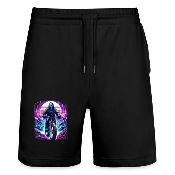 Skelett Fatbiker Synthwave Retro Fahrrad Fahrer - Stanley/Stella Unisex Bio Joggingshorts Trainer  - Schwarz - Vorne - Nik (191cm) & Marisol (170cm)