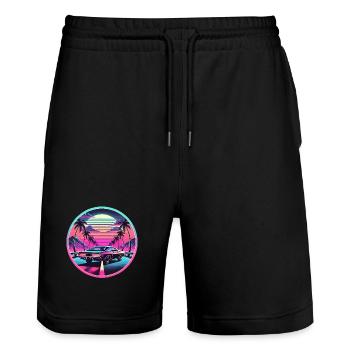 Retro Sunset Muscle Car Driving - Stanley/Stella Trainer Unisex Organic Jogging Shorts - black - Front - Nik (191cm) & Marisol (170cm)