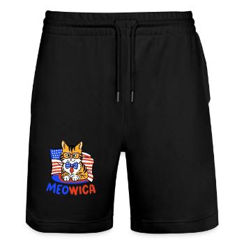 Katze amerikanische Flagge 4. Juli - Stanley/Stella Unisex Bio Joggingshorts Trainer  - Schwarz - Vorne - Nik (191cm) & Marisol (170cm)