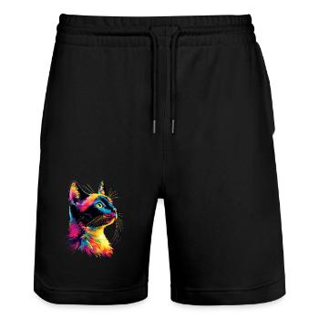Katze Bunt Regenbogen Farben Popart Cat Mom Katzen - Stanley/Stella Unisex Bio Joggingshorts Trainer  - Schwarz - Vorne - Nik (191cm) & Marisol (170cm)