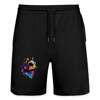 Katze Sonnenbrille Kopfhörer Musik Bunt DJ Katzen - Stanley/Stella Unisex Bio Joggingshorts Trainer  - Schwarz - Vorne - Nik (191cm) & Marisol (170cm)