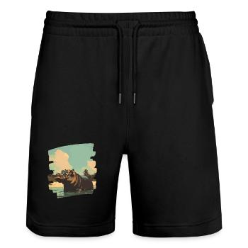 Nilpferd Retro - Stanley/Stella Unisex Bio Joggingshorts Trainer  - Schwarz - Vorne - Nik (191cm) & Marisol (170cm)