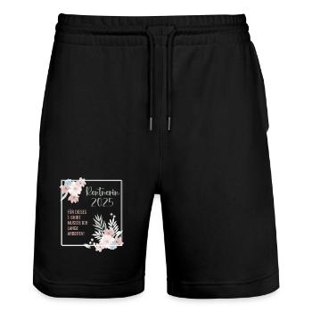 Rentnerin 2025 – Lange gearbeitet - Blümchen - Stanley/Stella Unisex Bio Joggingshorts Trainer  - Schwarz - Vorne - Nik (191cm) & Marisol (170cm)