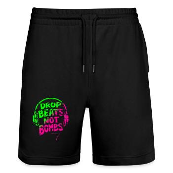 Drop Beats Not Bombs green pink - Stanley/Stella Trainer Unisex Organic Jogging Shorts - black - Front - Nik (191cm) & Marisol (170cm)